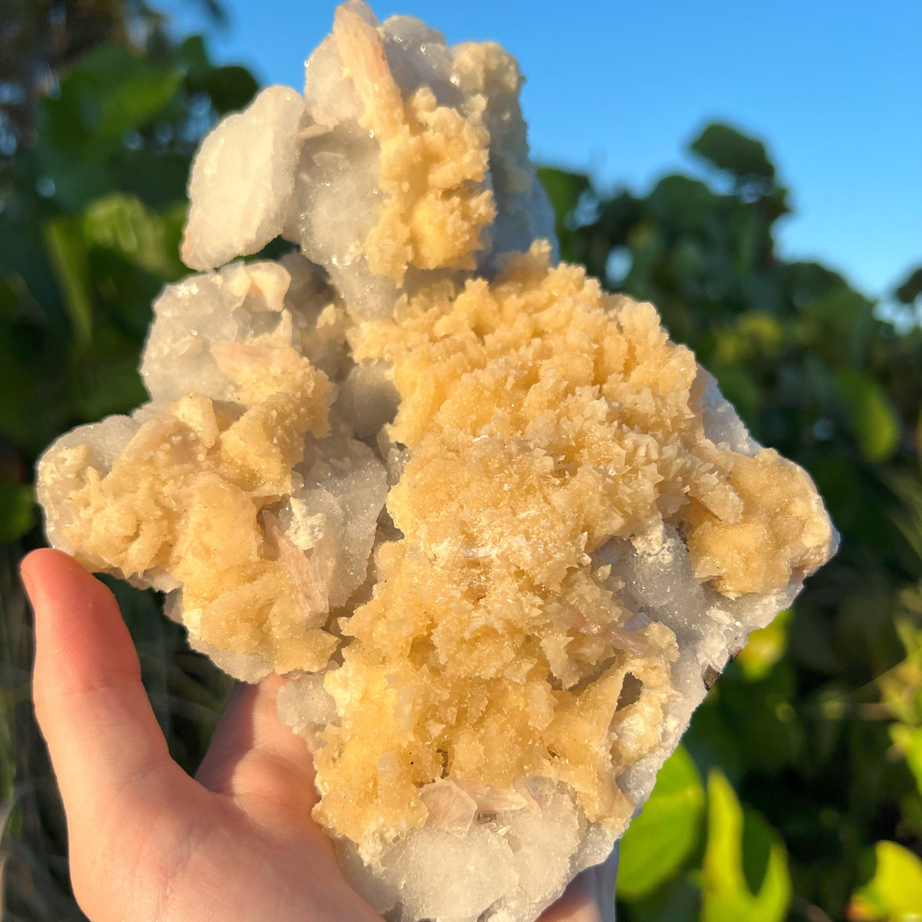 Large Yellow Stilbite On Calcite Druzy