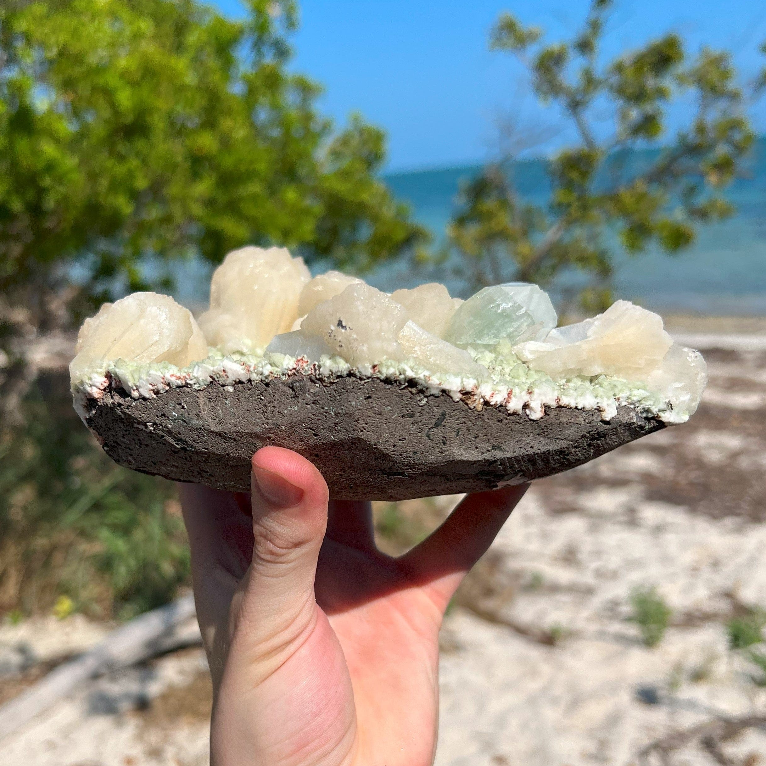 Large Green Heulandite Plate With Stilbite & Clear Aphoplite Formations