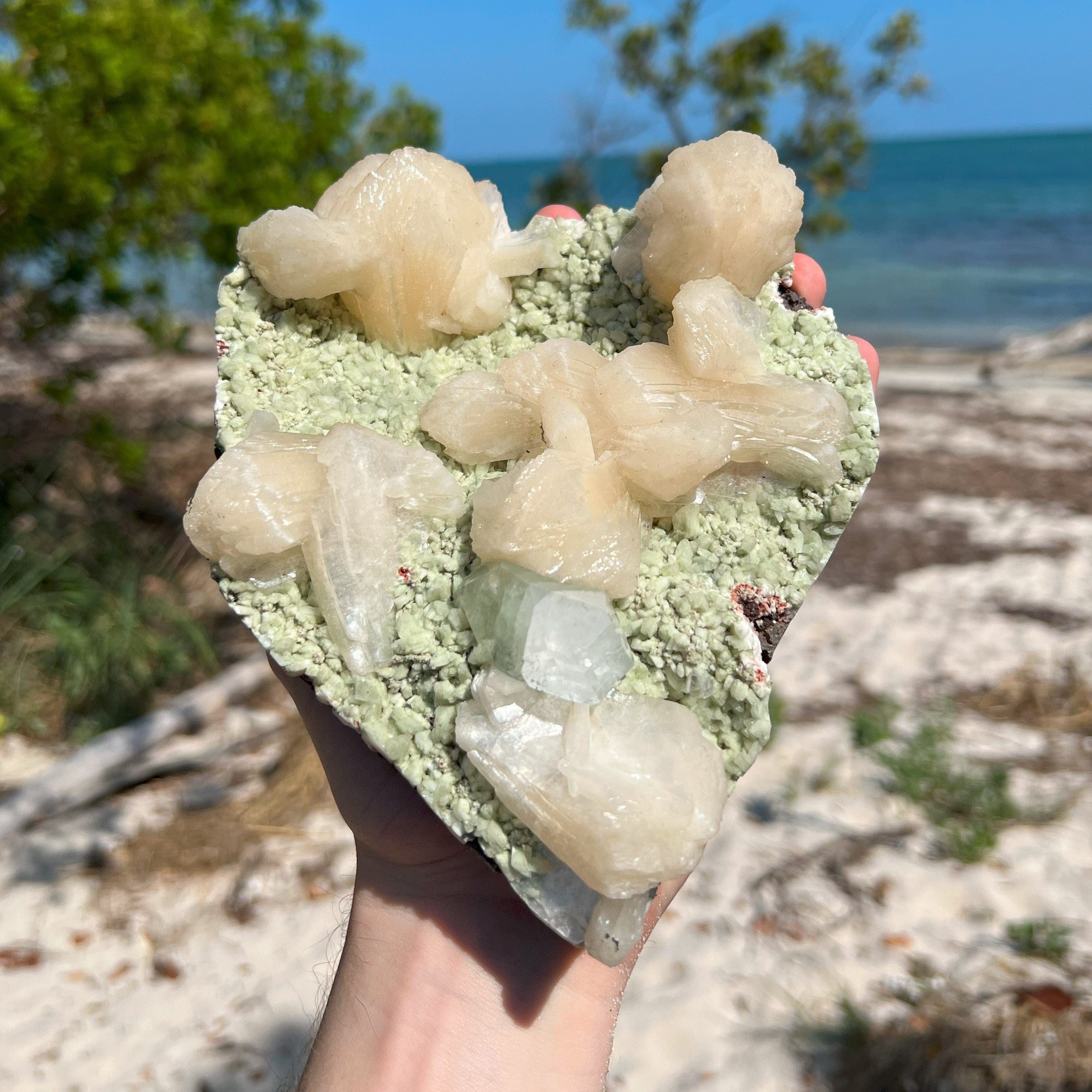 Large Green Heulandite Plate With Stilbite & Clear Aphoplite Formations