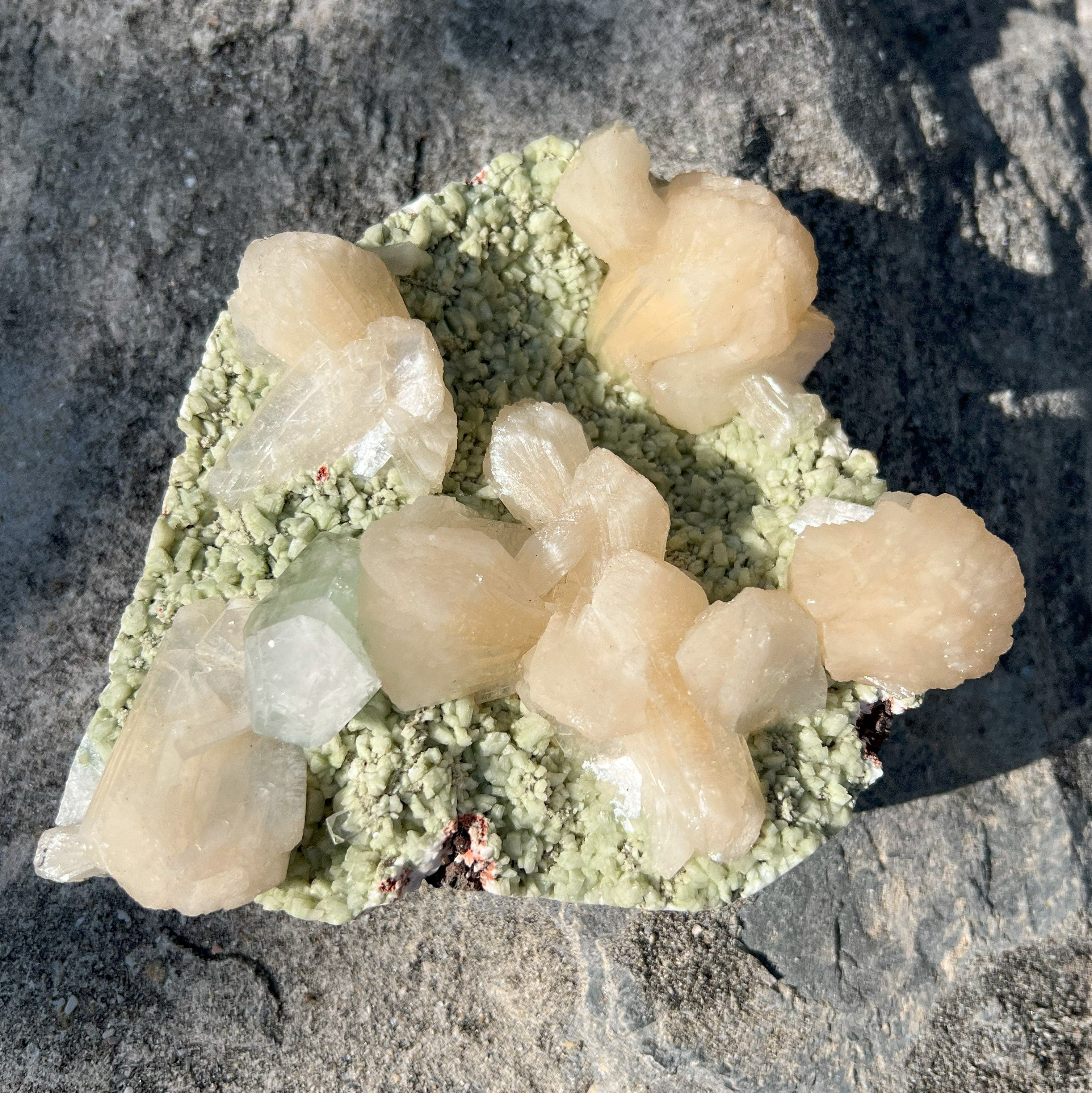 Large Green Heulandite Plate With Stilbite & Clear Aphoplite Formations