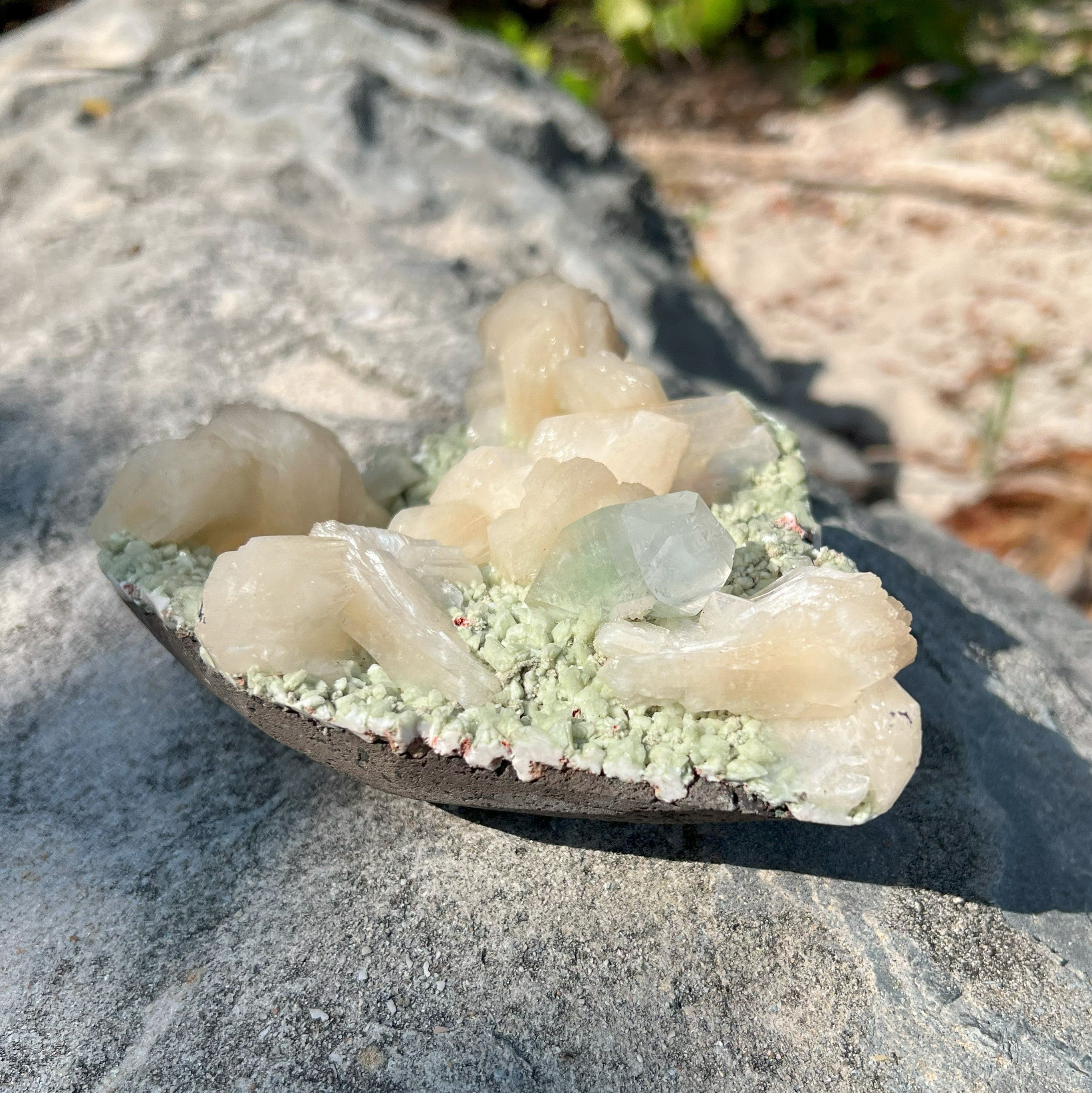 Large Green Heulandite Plate With Stilbite & Clear Aphoplite Formations